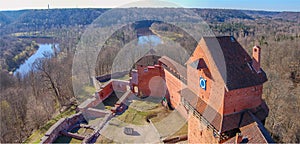 Latvia, Ancient Turaida castle in spring. Panoramic photo. Since 1214