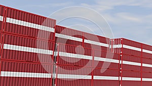 Latvia flag containers are located at the container terminal. Concept for Latvia import and export 3D