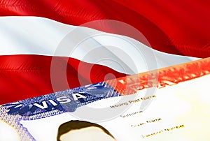 Latvia immigration document close up. Passport visa on Latvia flag. Latvia visitor visa in passport,3D rendering. Latvia multi