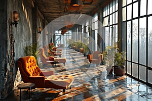 Interior of a modern office building with orange armchairs and plants photo