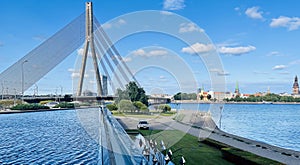 The Vansu Bridge in Riga is a cable-stayed bridge that crosses the Daugava river