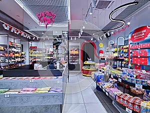 Interior of a popular Candy POP sweets shop with a variety of candy in Riga