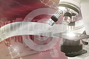 Latvia science development digital background - microscope on flag. Research of pharmaceutical industry design concept, 3D