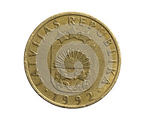 Latvia ten santimus coin on a white isolated background