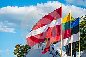 Latvian, Lithuanian and Estonian flags waving together, Latvia, Lithuania, Estonia, Baltic countries