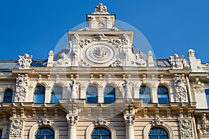 Latvian tourist landmark attraction - Art Nouveau style architecture - building fasade of Riga city, Latvia