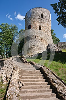 Latvian tourist landmark attraction - tower and ruins of the Cesis medieval castle in Cesis town, Latvia