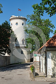 Latvian tourist landmark attraction - Tower of white castle. Part of ancient Livonian castle ruins in old town. Cesis, Latvia