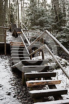 Latvian Winter Steps: Wooden Stairs Veiled in Snow in Pokainu Mezs, Dobele