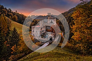 Latzfons, Italy - Beautiful autumn scenery at Gernstein Castle Castello di Gernstein, Schloss Gernsteinat sunrise in South Tyrol