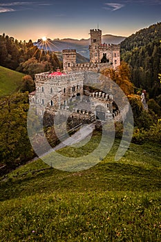 Latzfons, Italy - Beautiful autumn scenery at Gernstein Castle (Castello di Gernsteinn) at sunrise in South Tyrol