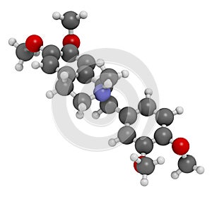 Laudanosine papaver alkaloid molecule. 3D rendering. Atoms are represented as spheres with conventional color coding: hydrogen (