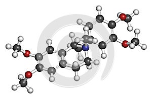 Laudanosine papaver alkaloid molecule. 3D rendering. Atoms are represented as spheres with conventional color coding: hydrogen (