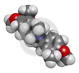 Laudanosine papaver alkaloid molecule. 3D rendering. Atoms are represented as spheres with conventional color coding: hydrogen ( photo