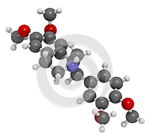 Laudanosine papaver alkaloid molecule. 3D rendering. Atoms are represented as spheres with conventional color coding: hydrogen ( photo