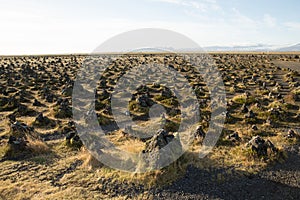 Laufscalavarda, a lava ridge, surrounded by stone cairns - Iceland