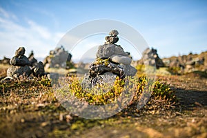 Laufscalavarda, a lava ridge, surrounded by stone cairns - Iceland