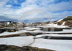 Laugavegur hiking route and rhyolite mountains in active geothermal area Jokultungur, Laugavegur trail, Fjallabak Nature Reserve,