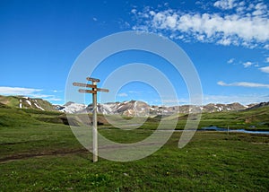 Laugavegur hiking trail marker sign post with directions to Emstrur-Botnar, Alftavatn, Hvanngil, Highlands of Iceland