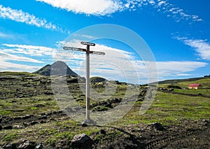 Laugavegur hiking trail marker signpost with directions to Emstrur-Botnar, Alftavatn, Hvanngil, Highlands of Iceland