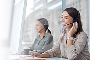 Laugh, call center and telemarketing of business woman with web conversation at computer. Customer service, crm and