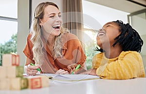 Laugh, child development and interracial family in a home learning in a living room with drawing. Parent love, funny