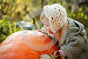 Laughing adorable baby girl with a pumpkin
