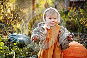 Laughing adorable baby girl with a pumpkin