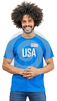 Laughing american soccer fan with jersey with flag of USA