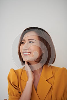 Laughing of asian beautiful positive thinking women with short hair on white background