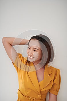 Laughing of asian beautiful positive thinking women with short hair on white background