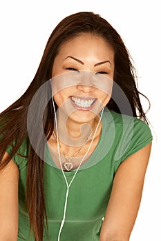 Laughing Asian Woman with Ear Buds