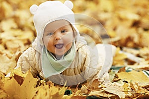 Laughing baby 6 months old lies in an autumn park on fallen yellow maple leaves. Close-up