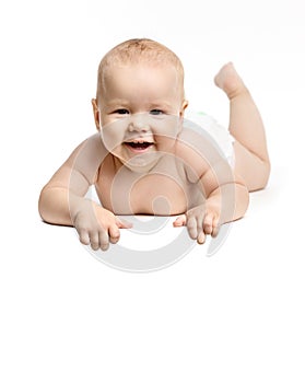 Laughing baby girl over white, with copy space