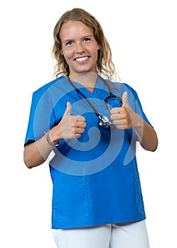 Laughing blond female nurse or medical student showing thumbs up