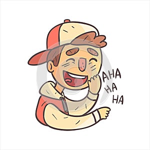 Laughing Boy In Cap And College Jacket Hand Drawn Emoji Cool Outlined Portrait