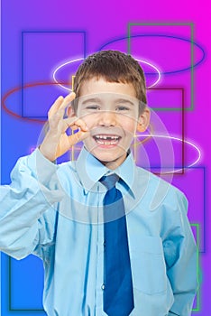 Laughing boy showing okay sign gesture