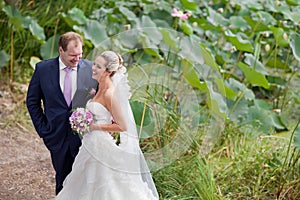 Laughing bride and groom