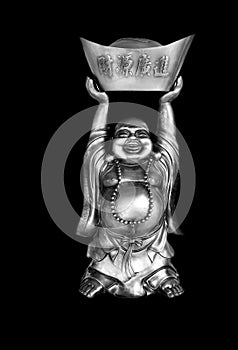 Laughing buddha silver statue holding good luck ingot over the head