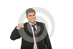 Laughing business man pointing to you