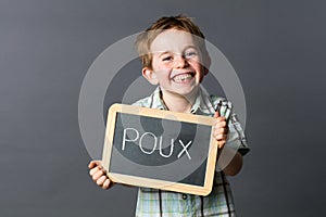 Laughing child advertising against French 'poux' or head lice