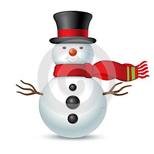 Laughing Christmas snowman in top hat and waving red scarf. Vector illustration on white background