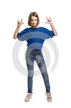 Laughing cool teen girl, full length. Isolated on white background