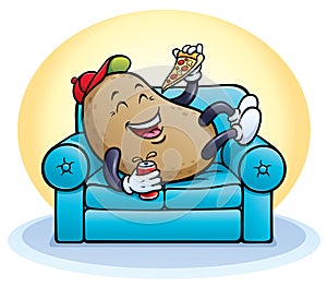 Laughing Couch Potato Character Eating Pizza