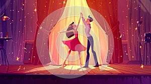 Laughing couple perform ballet on theater stage cartoon background. Theater scene with curtain and spotlight. Young