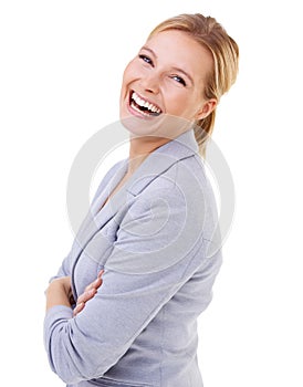 Laughing, crossed arms and portrait of woman in studio with positive, good and confident attitude. Happy, pride and