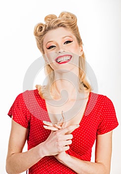 Laughing cute woman. Portrait of happy smiling girl. Cheerful young beautiful girl smiling laughing, studio isoalted