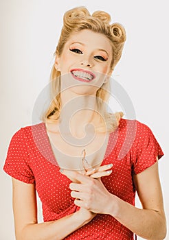 Laughing cute woman. Portrait of happy smiling girl. Cheerful young beautiful girl smiling laughing, studio isoalted