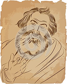 Laughing Democritus line art portrait, vector