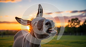 Laughing Donkey at Sunset in Pasture